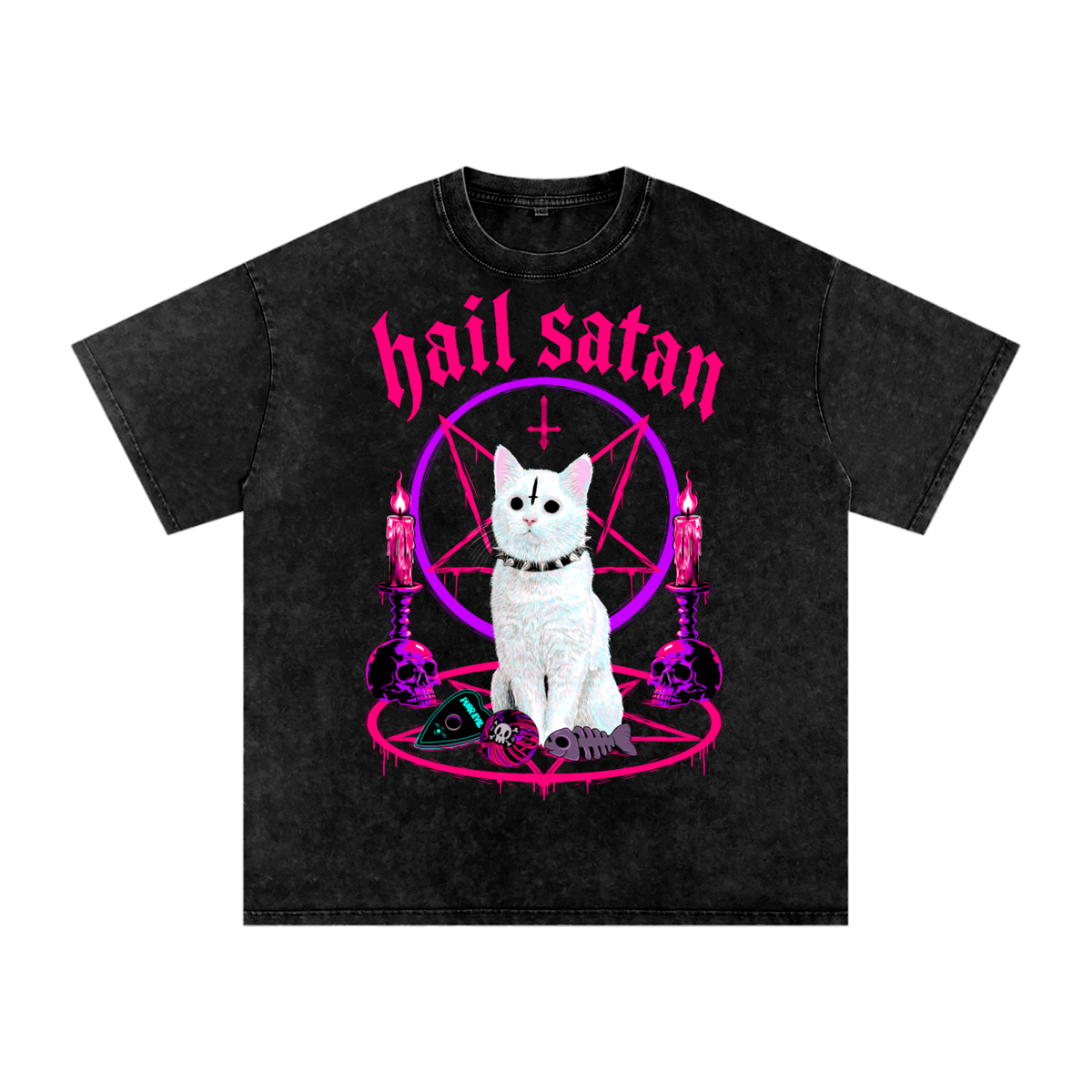 Goth Hail Satan Funny Cat Snow Washed Oversized Cotton T-Shirt