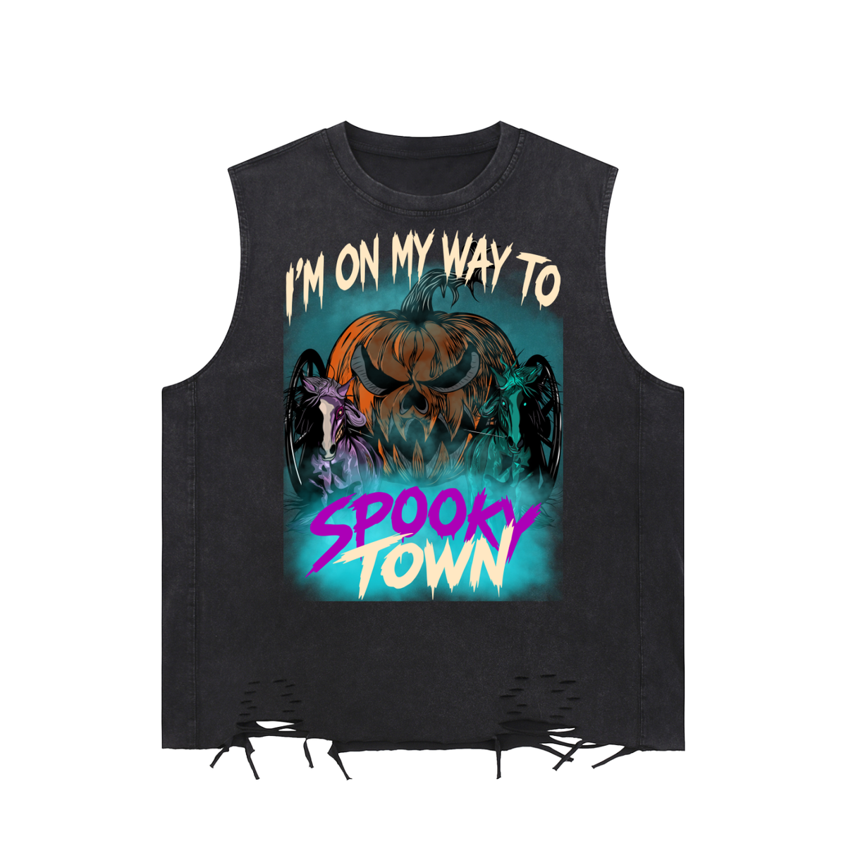 Jack-O-Lantern Halloween Snow Washed Raw-Hem Tank Top