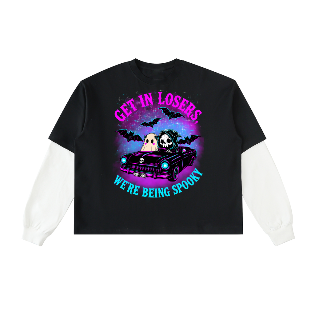 Spooky Cute Casual Afterlife Halloween Layered Contrast Sleeve Cotton T-Shirt