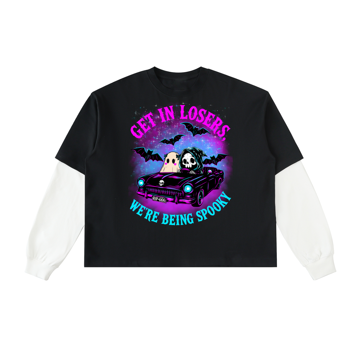 Spooky Cute Casual Afterlife Halloween Layered Contrast Sleeve Cotton T-Shirt