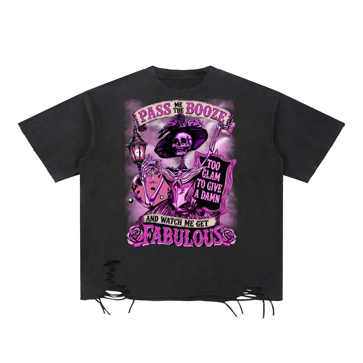 Funny Victorian Steampunk Skeleton Snow Washed Raw-Hem T-Shirt