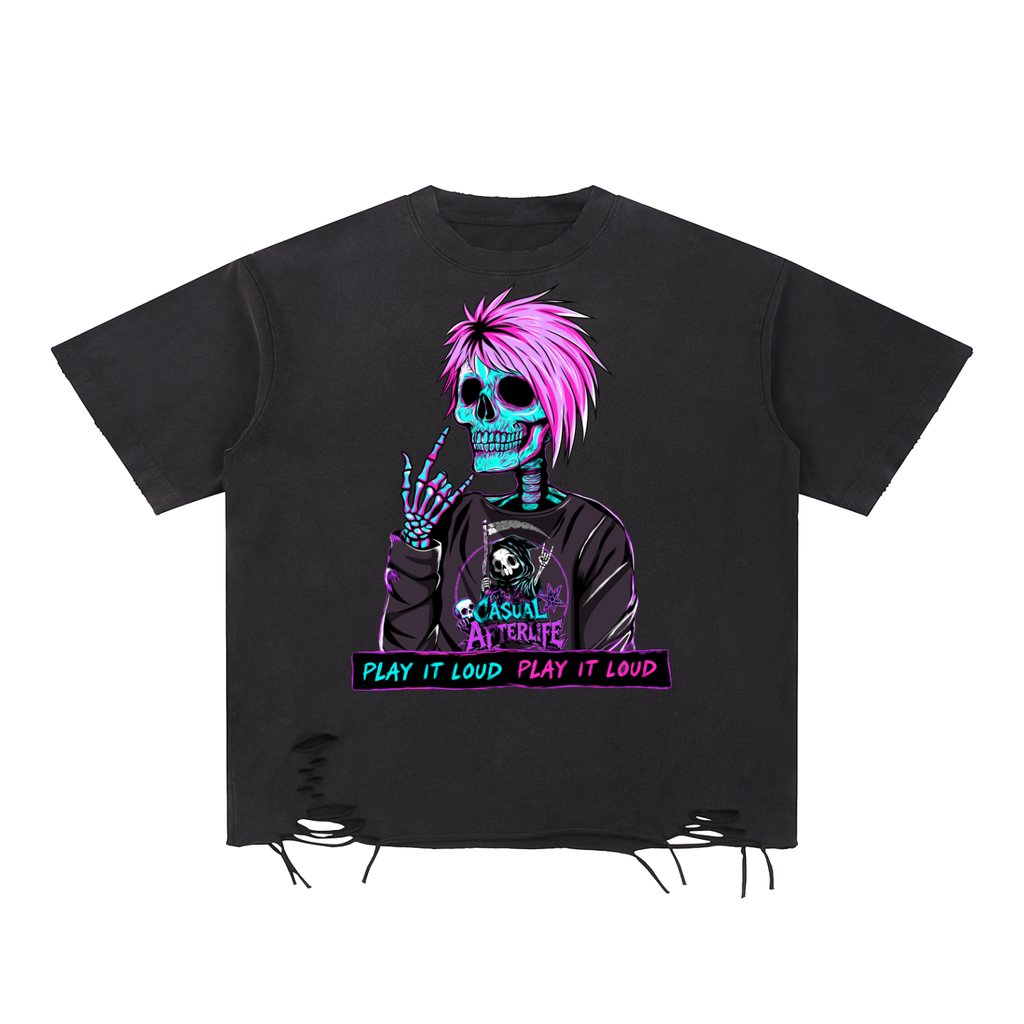 Emo Skeleton Snow Washed Raw-Hem T-Shirt