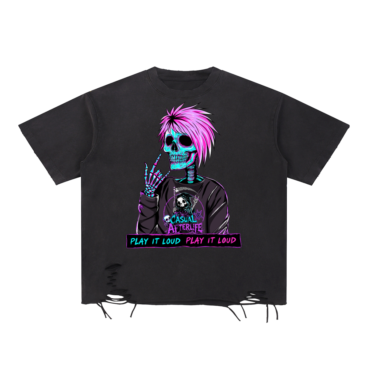 Emo Skeleton Snow Washed Raw-Hem T-Shirt