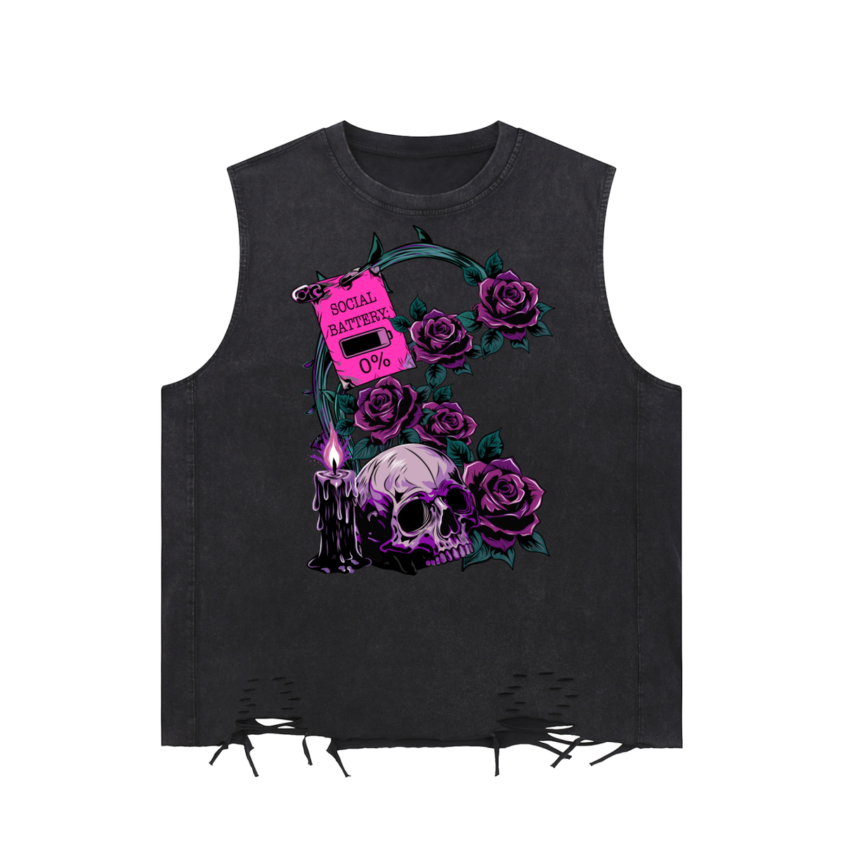 Goth Low Social Battery Snow Washed Raw-Hem Tank Top