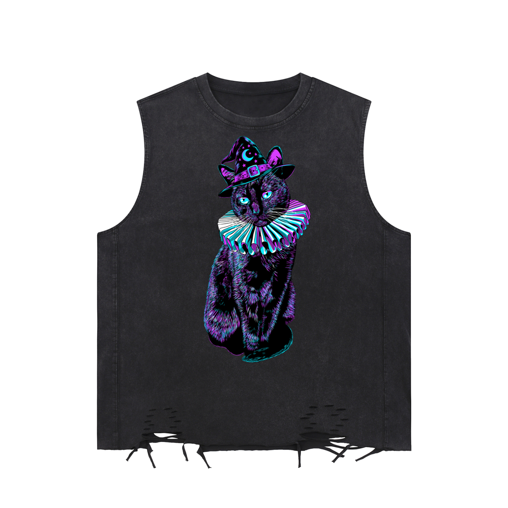Witchy Black Cat Snow Washed Raw-Hem Tank Top