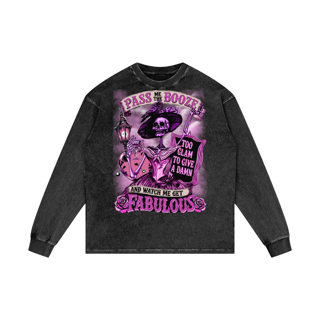 Funny Victorian Steampunk Skeleton Acid Wash Oversize Long Sleeve T-Shirt
