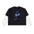 Witchy Black Cat Layered Contrast Sleeve Cotton T-Shirt