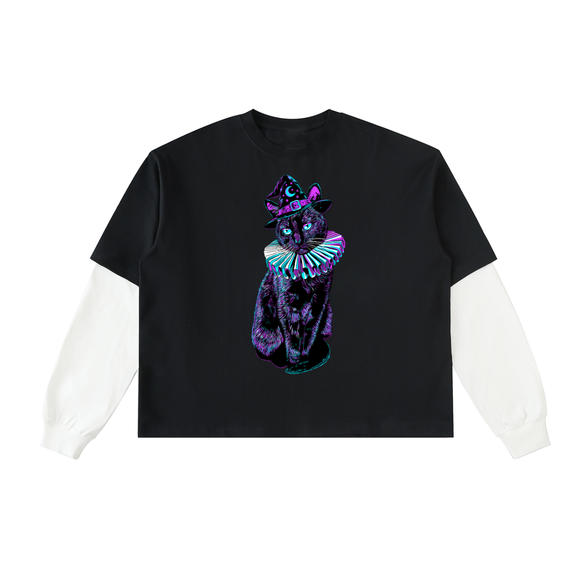 Witchy Black Cat Layered Contrast Sleeve Cotton T-Shirt