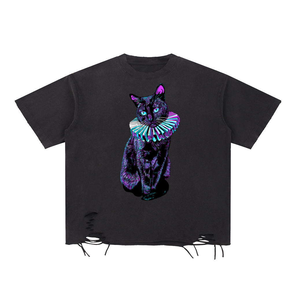 Goth Black Cat Snow Washed Raw-Hem T-Shirt