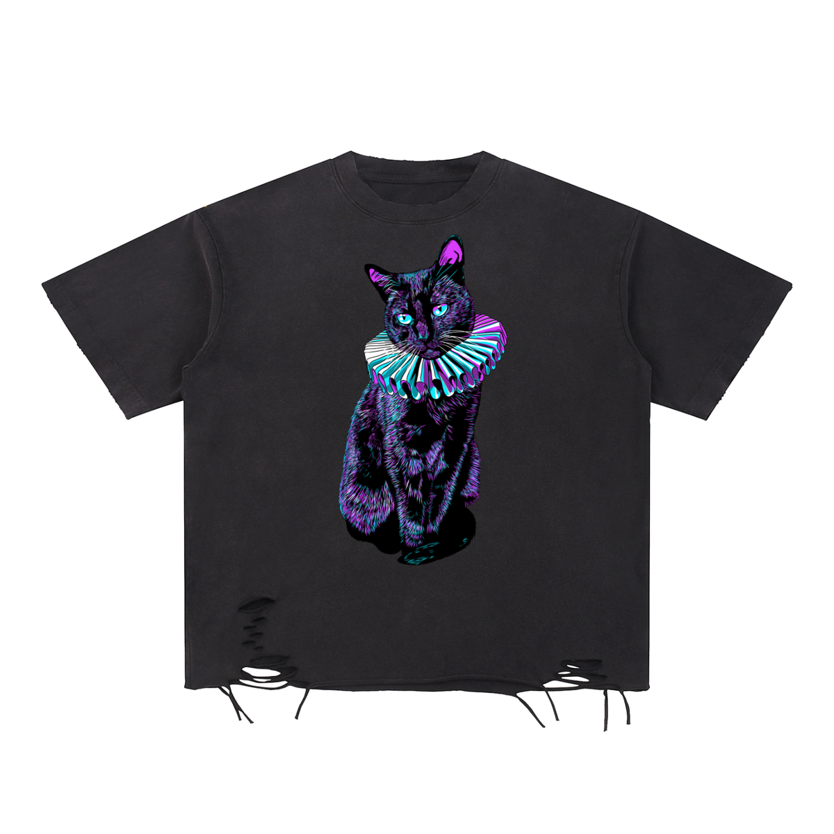 Goth Black Cat Snow Washed Raw-Hem T-Shirt