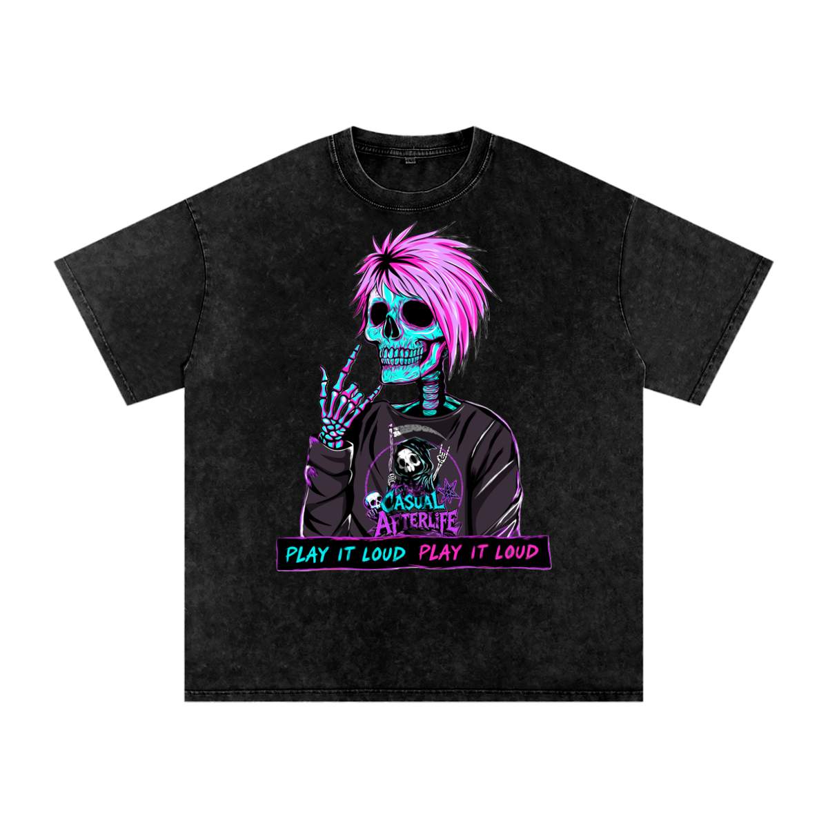 Emo Skeleton Snow Washed Oversized Cotton T-Shirt