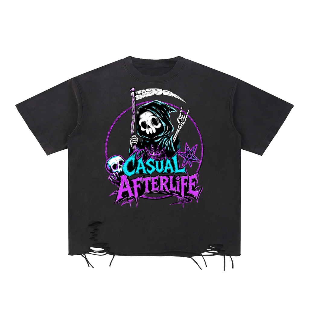 Casual Afterlife Logo Snow Washed Raw-Hem T-Shirt