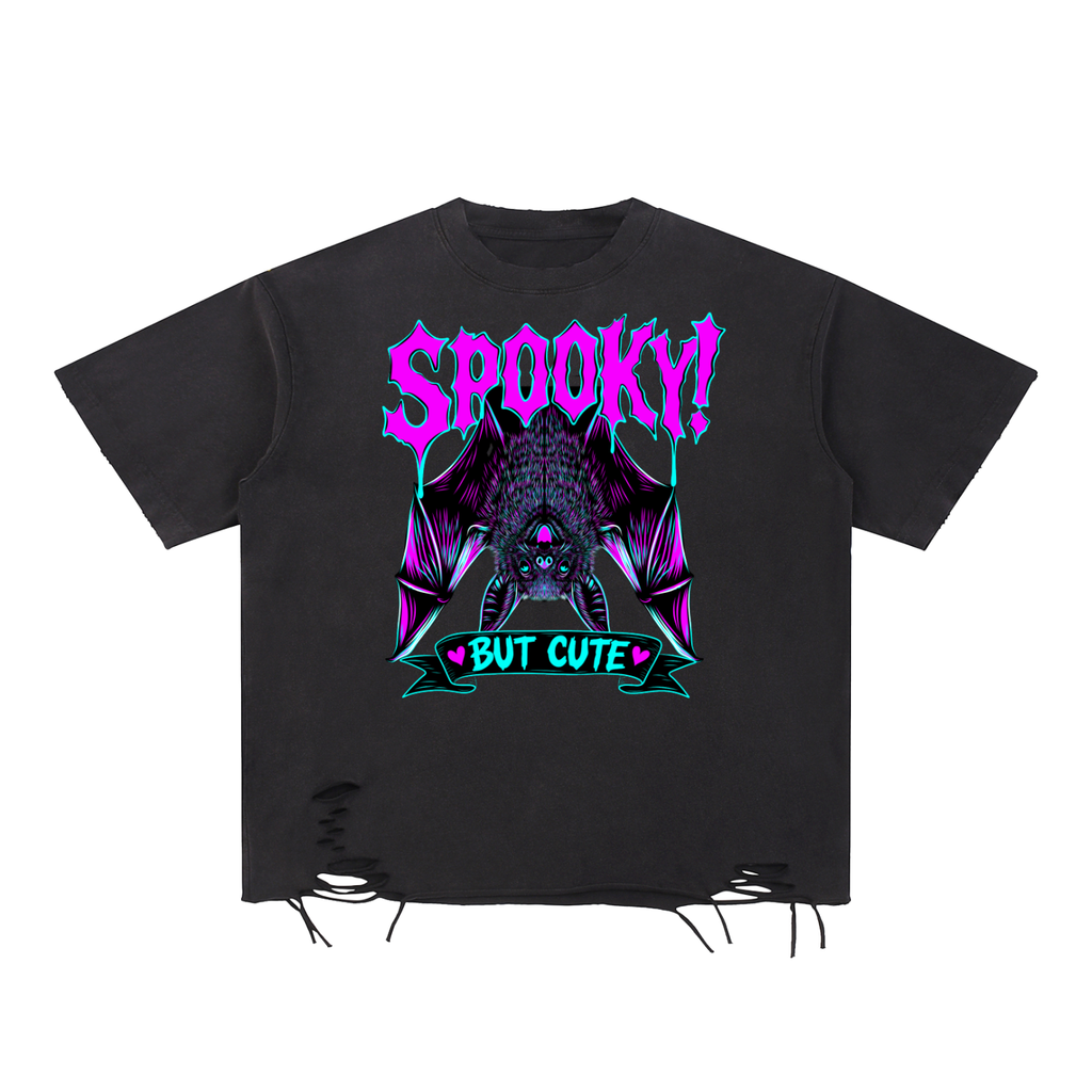 Spooky But Cute Funny Bat Snow Washed Raw-Hem T-Shirt