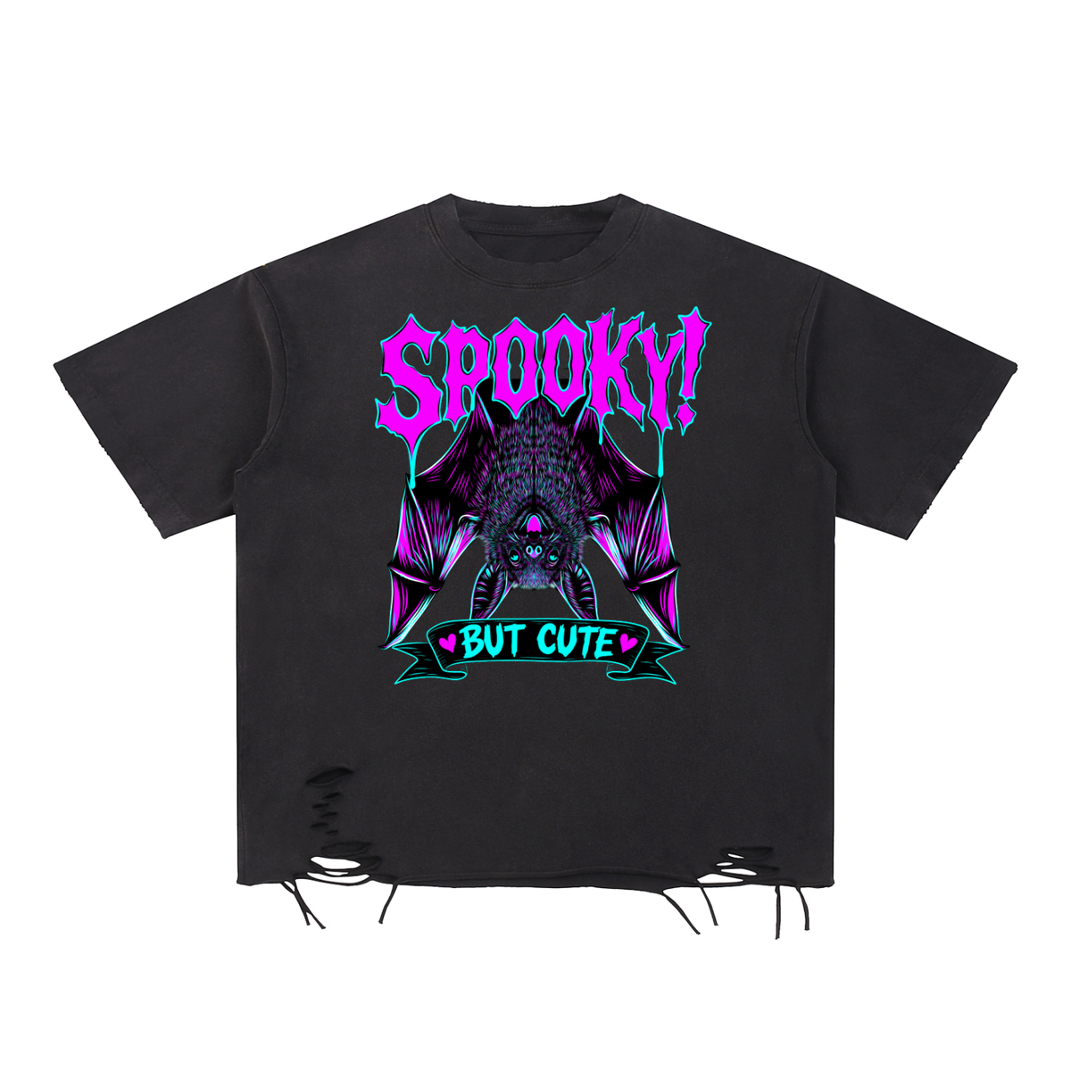 Spooky But Cute Funny Bat Snow Washed Raw-Hem T-Shirt